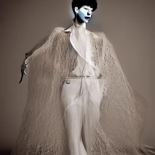 Image similar to a beautiful young korean male wearing a translucid lace wedding gown designed by alexander mcqueen, photographed by andrew thomas huang for a fashion editorial