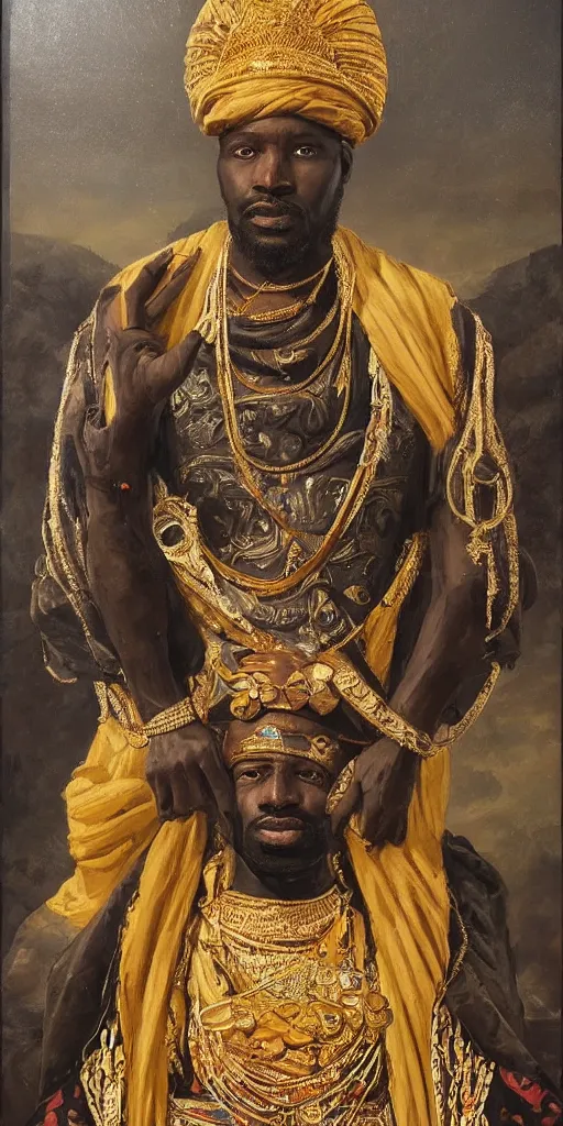 Image similar to a stunning and noble highly detailed romantic period style portrait of mansa musa by josep tapiro baro, trending on artstation, oil painting masterpiece, symmetry, mysterious, very very very aesthetic, african iconography