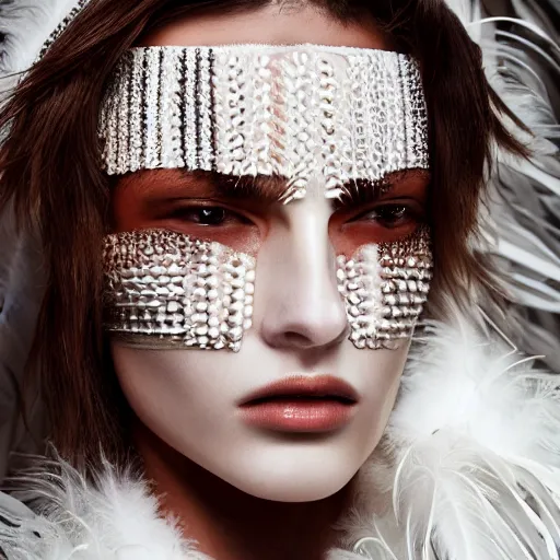 Prompt: close up of face of fashion model in white feather clothes, official balmain editorial, highly detailed