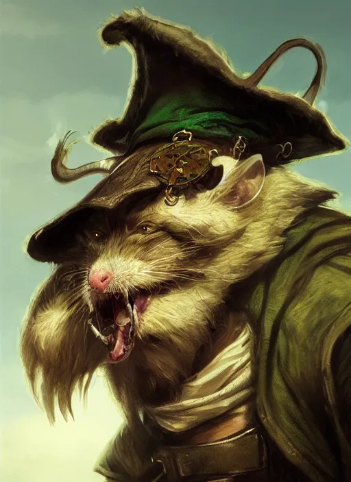 Image similar to mutant rat, bearded, serious, mean eyes, wearing jewelry, tricorne hat, green robe, d & d, digital art, detailed face, highly detailed, trending on artstation, 4 k, sea in the background, art by greg rutkowski