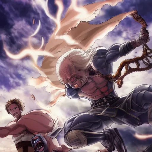 Prompt: joe biden, as a titan, kicking a florida mansion, attack on titan, anime key visual, wit studio official media, smoke and rubble, high detail, stomping, stomping, stomping