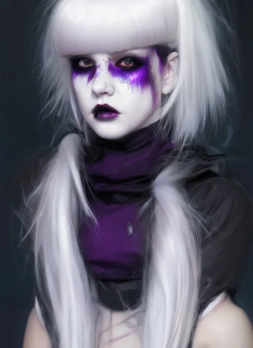 Image similar to portrait of white teenage girl, normal face, white bangs, mall goth, cyberlox, black and white hair, bangs, fluffy bangs, red contact lenses, purple lipstick, intricate, elegant, highly detailed, digital painting, artstation, concept art, sharp focus, smooth, illustration, art by wlop, mars ravelo and greg rutkowski