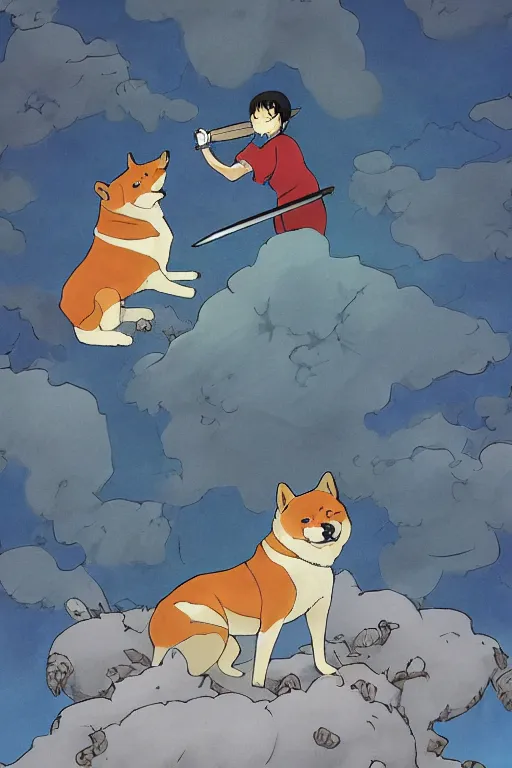 Image similar to a highly detailed portait of a shiba inu fighting a japanese folklore god with a sword in its mouth, in the style of studio ghibli, studio ghibli palette, 8 k