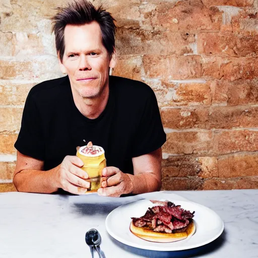 Image similar to kevin bacon profile portrait eating bacon burger soda fries, award winning food photography