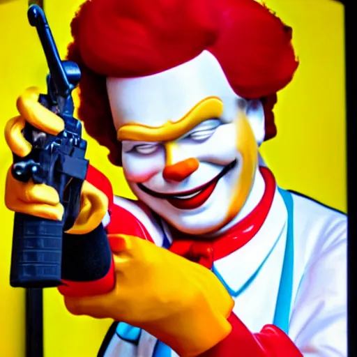 Image similar to Ronald Mcdonald pointing a gun at the camera