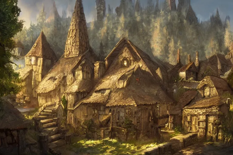 Prompt: A small medieval village, fantasy, D&D, concept art, sharp focus, trending on artstation, digital painting, midday, sunny, beautiful, texture, wizards of the coast, tabletop, roleplay