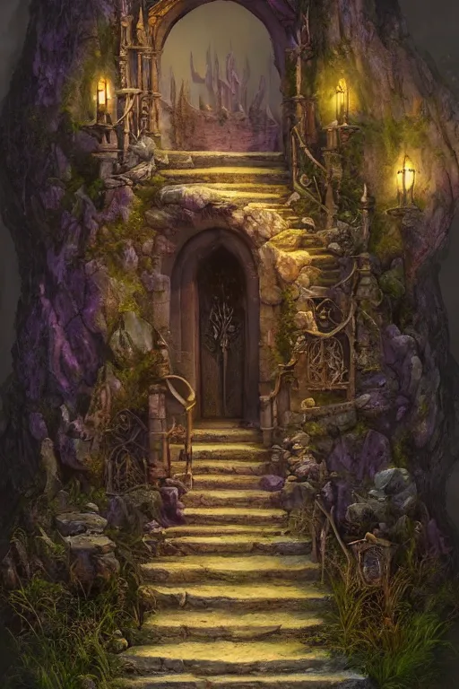 Prompt: matte glossy painting of stone steps fantasy leading do a gothic witches doorway portal, artstation by emilia dziubak, will terry, greg olsen, chris mars, ann long, and mark brooks, gret ritkowski dramatic, architecture, colorful warcraft architecture