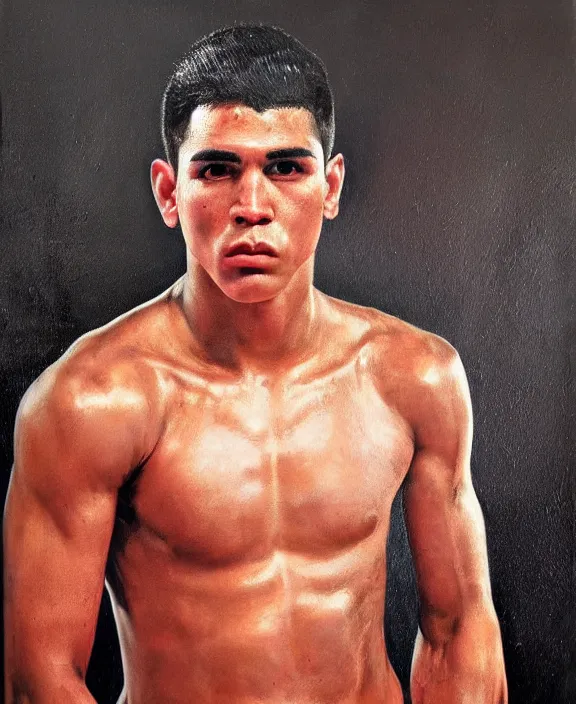 Prompt: heroic portrait of a handsome young mexican boxer. art by denys tsiperko and bogdan rezunenko, hyperrealism