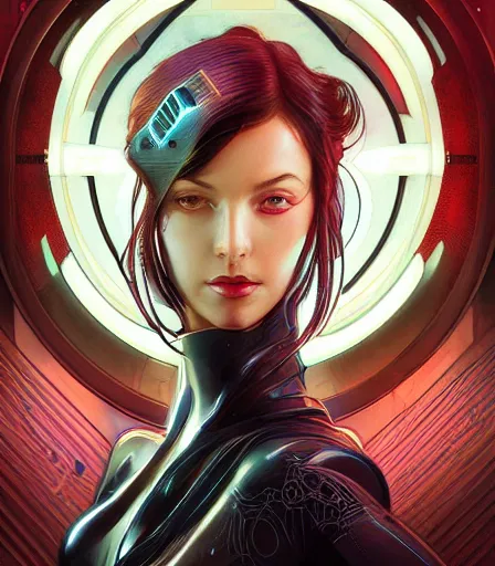 Image similar to portrait of a cyberpunk art deco woman who looks like Rias Gremory sci-fi, fantasy, intricate, elegant, highly detailed, digital painting, artstation, smooth, sharp focus, illustration, art by artgerm and greg rutkowski and alphonse mucha