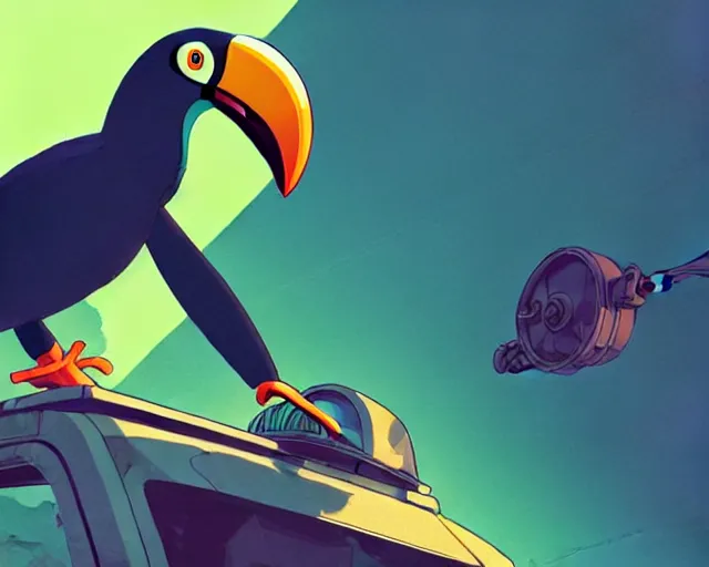 Image similar to a study of cell shaded cartoon of a toucan piloting a mechanic tank, illustration, wide shot, subtle colors, post grunge, concept art by josan gonzales and wlop, by james jean, Victo ngai, David Rubín, Mike Mignola, Laurie Greasley, highly detailed, sharp focus, alien, Trending on Artstation, HQ, deviantart, art by artgem