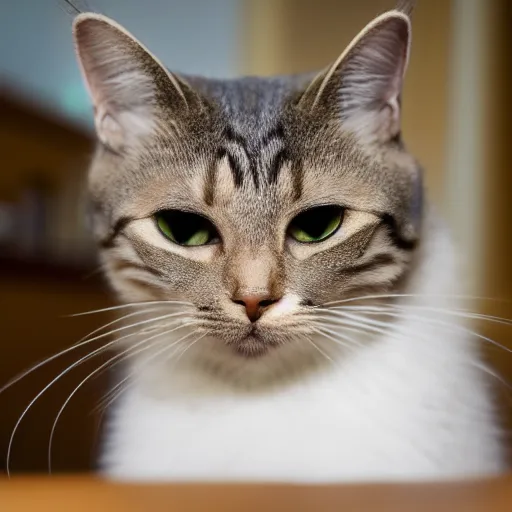 Prompt: Cat looking extremely angry and frowning, on kitchen table, 40nm lens, shallow depth of field, split lighting, 4k,