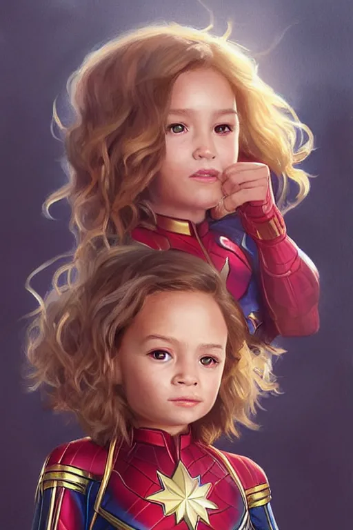 Image similar to a little girl with a michievous face and wavy curly light brown hair. she is dressed as captain marvel, a superhero. clean elegant painting, beautiful detailed face. by artgerm and greg rutkowski