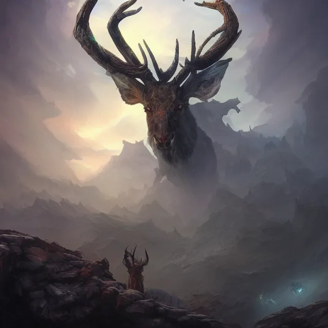 Image similar to giant warrior stag in a vortex of rock, 8 k resolution matte fantasy painting, cinematic lighting, deviantart artstation, jason felix steve argyle tyler jacobson peter mohrbacher