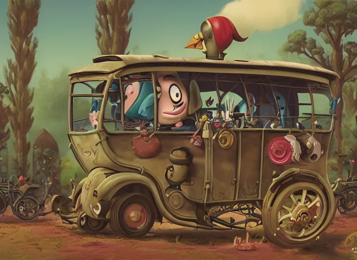 Image similar to matte sharp painting, close - up of a garden gnome driving a steampunk bus, juxtapoz, artforum, gary baseman, preston blair, tex avery, dan mumford, pedro correa