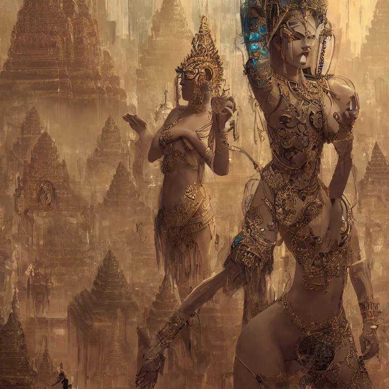 Image similar to intricate drawing of a female deity, cambodian fashion, cyberpunk ornaments, thin strands, porcelain skin, greg rutkowski, james gurney, john berkey, hyperrealistic, backlit