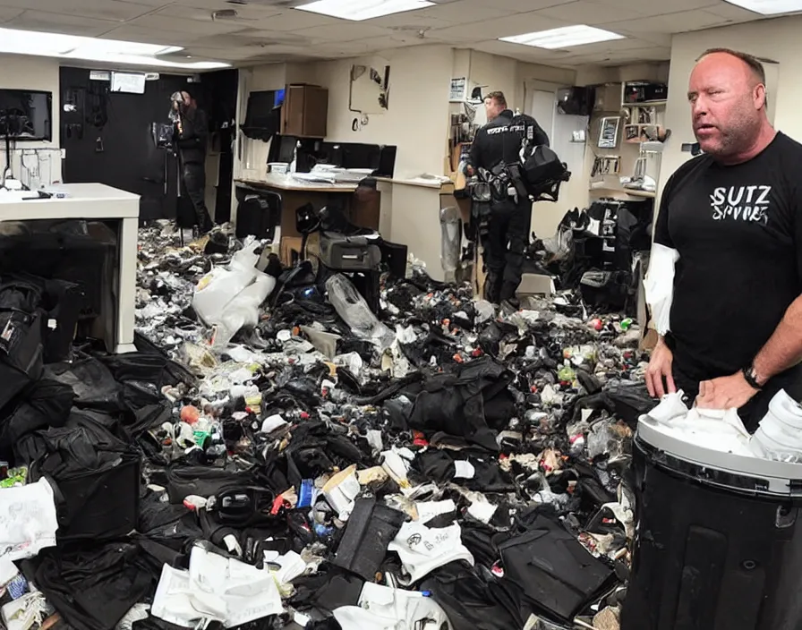 Image similar to SWAT Police group raiding Alex Jones in his INFOWARS studio surrounded by trash and herbal supplements and rubbish and broken camera TV equipment, Alex Jones is very angry, smoke and gas, dramatic press photo