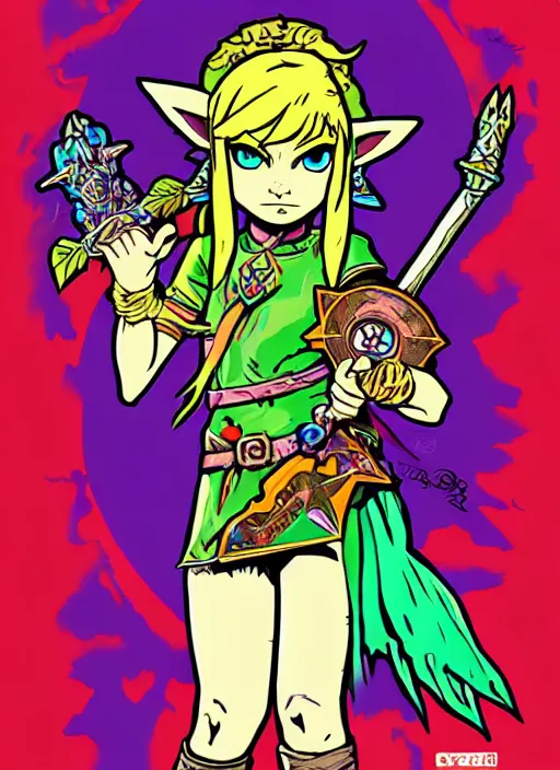 Image similar to fierce diety link from legend of zelda majoras mask!! portrait illustration, pop art, splash painting, art by geof darrow, ashley wood, alphonse mucha, makoto shinkai