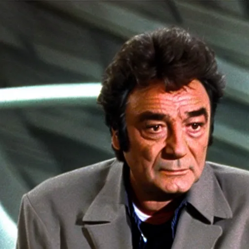 Image similar to Columbo investigating on the bridge of the star ship Enterprise, still from 90s tv-show, —width 720