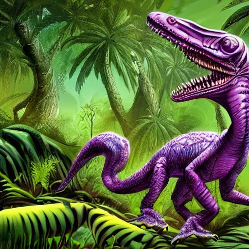 Image similar to Concept art of a reptilian raptor-like alien creature, surrounded by a lush alien jungle with purple flora, digital art, artist unknown