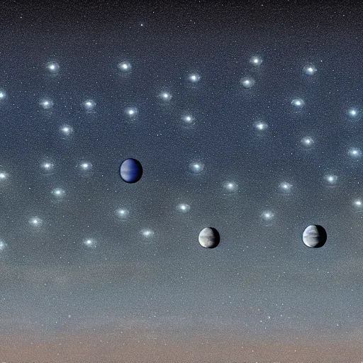 Prompt: a thousand different sizes separate moons in the skies of an alien planet