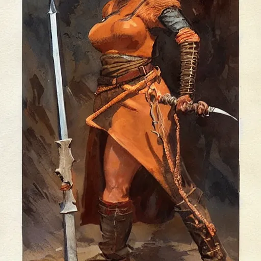 Prompt: a medieval hunter woman with indian ethnicity, cheeky smile, umber color scheme, fantasy character portrait by John Berkey