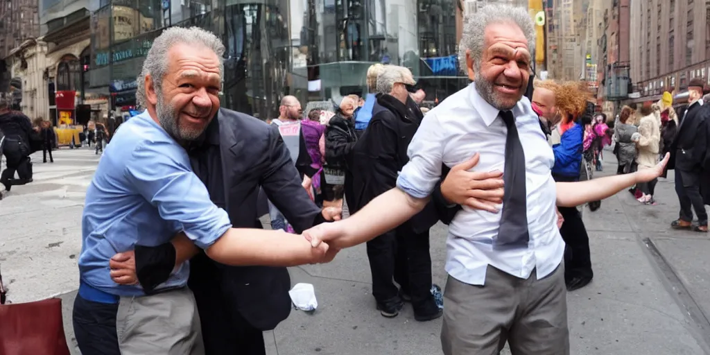 Image similar to Alan Sugar offering free hugs to people in the street, NYC, kindness