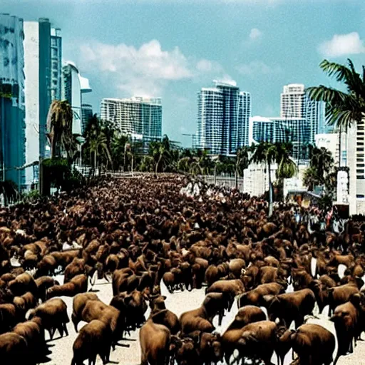 Image similar to one thousand buffaloes in the street, miami, miami vice