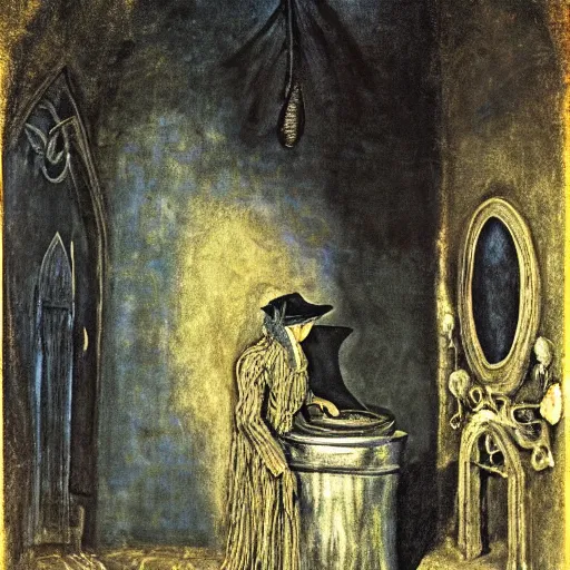 Image similar to An old wrinkled witch dressed in black stirring her cauldron. El Greco, Remedios Varo, Salvador Dali, Carl Gustav Carus, John Atkinson Grimshaw. Blue tint. Symetrical, logo, geometric shapes.