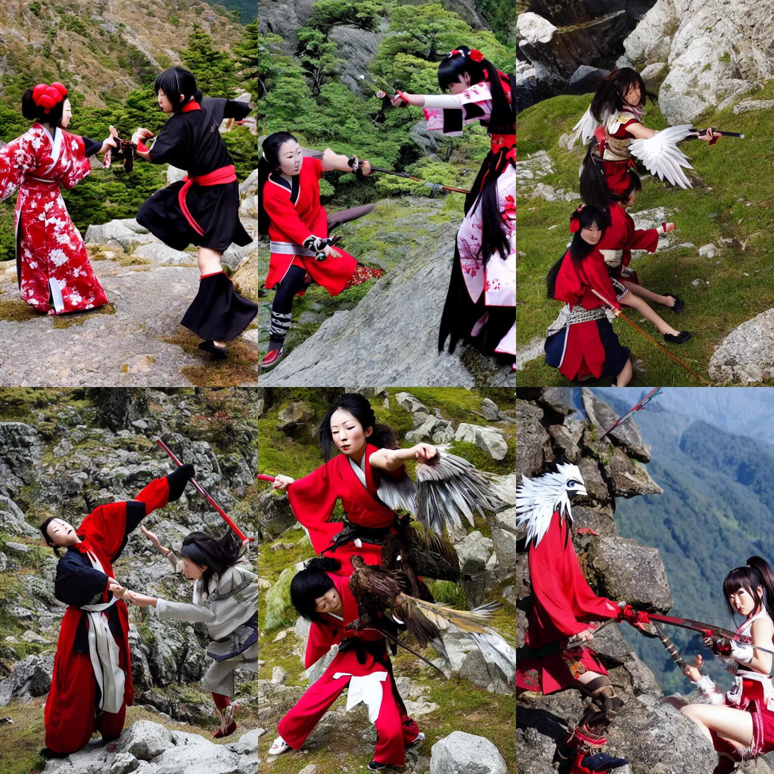 Prompt: Japanese girl fights tengu in the mountains