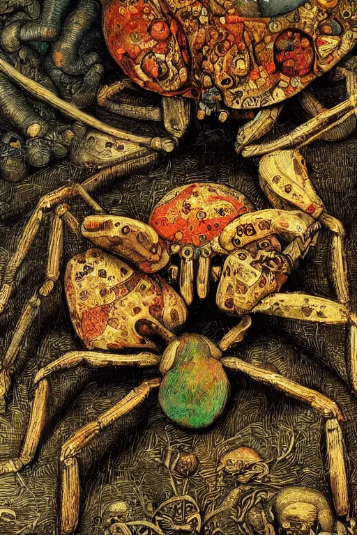 Image similar to hyperrealistic abstract close - up renaissance psychedelic!! cybernetic spiders in the style of engravings by pieter brueghel!!! the figures of women are crawling along the slug!!! octane render, hd