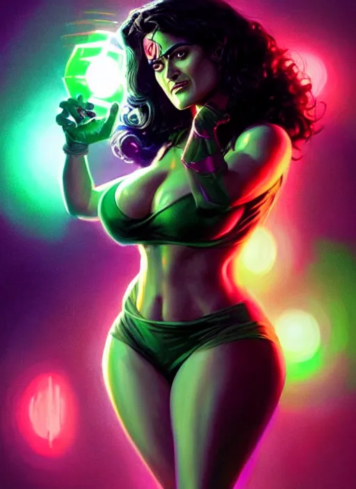 Image similar to salma hayek as she - hulk, intricate, elegant, glowing lights, highly detailed, digital painting, artstation, glamor pose, concept art, smooth, sharp focus, illustration, art by artgerm and greg rutkowski, artey freytag