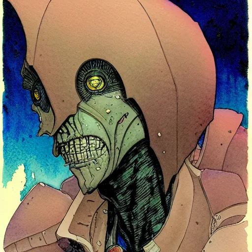 Prompt: a simple and atmospheric watercolour portrait of a pulp sci - fi alien demon, very muted colors, by rebecca guay, michael kaluta, charles vess and jean moebius giraud