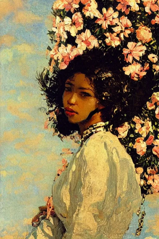 Image similar to close - up fashion black woman portrait airy flowers clouds art by vasnetsov