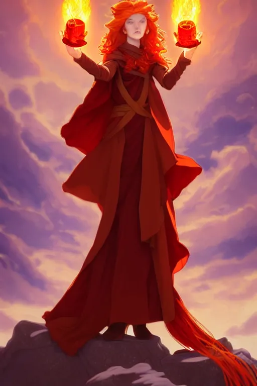 Image similar to a beautiful fire bender mage girl holding a fireball, ginger hair with freckles, wearing long flowing red robes inspired by alphonse mucha, standing on a mountain top with epic clouds and godlike lighting, intricate illustration and highly detailed digital painting. concept art by artgerm. inspired by brom art and larry elmore.