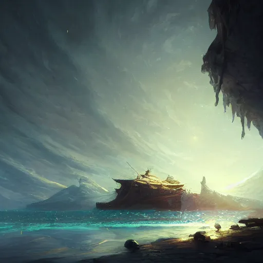 Prompt: Looking up from underneath moonlight on the sea, Reflections of the night sky beautiful symbolic and poetic digital masterpiece by Eddie Mendoza Tyler Edlin Noah Bradley Andreas Rocha James Gurney, Artstation, Hyperdetailed, stylized, soft lighting