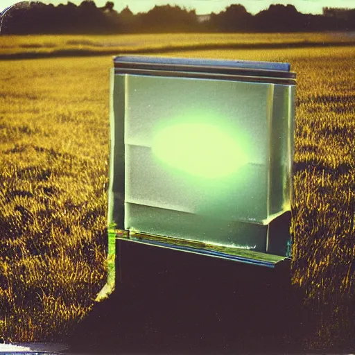 Image similar to a Polaroid photo of a transparent perspex piano in a field, beams of light, nostalgic