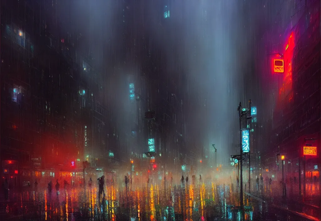 Prompt: top digital painting of rainy downtown toronto at night. intense colourful foggy atmosphere and intricate reflective complex tall buildings. thorough details, intricate, artstation, atmosphere, highly detailed, craig mullins, james jean, digital painting, deviantart, cinematic lighting, busy!!!