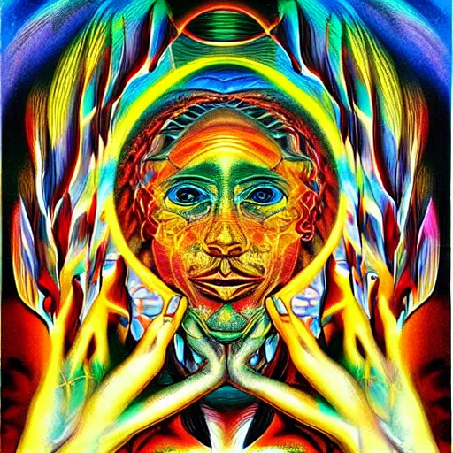 Image similar to Seeing Myself and everything & everyone is GOD or infinite intelligent imagination in the style of visionary art