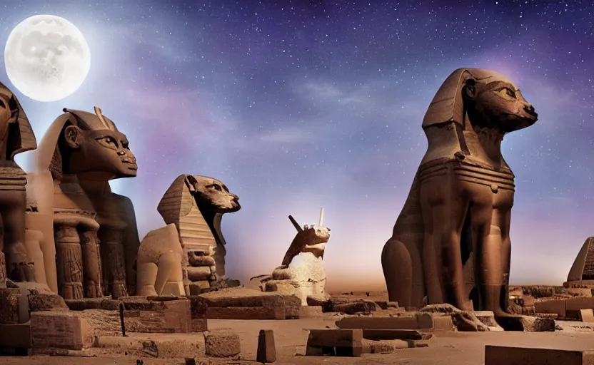 Image similar to a cinematic scene of egyptian gods with animal heads, having a ceremony in a moonlit temple in karnak