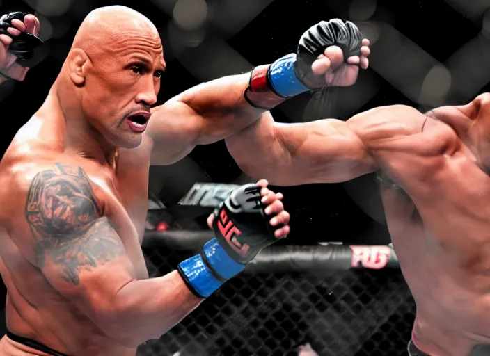 Image similar to dwayne the rock johnson fighting in the ufc, 4 k, photorealistic