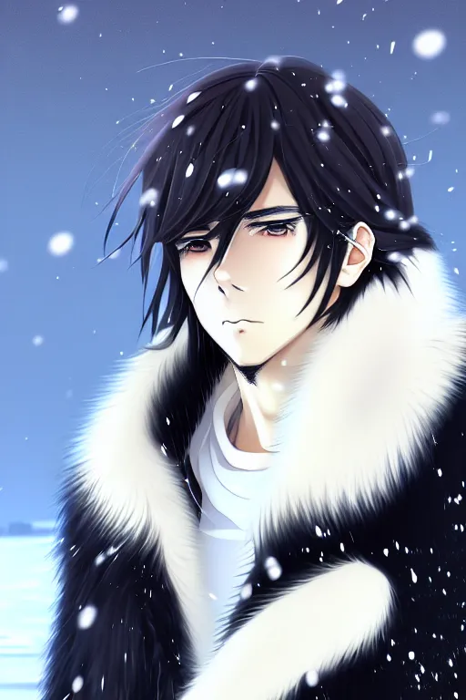 Image similar to anime portrait of a handsome man, dark long hair, side - swept bangs, wearing white fur coat in snow, ilya kuvshinov, anime, pixiv top monthly, trending on artstation, cinematic, danbooru, zerochan art, kyoto animation