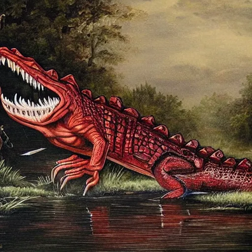 Prompt: a beautiful complex painting of a massive crocodile with a bloody mouth and his tongue was very long the entity have a very long and sharp tail the crocodile have a red bloody eyes in it's on a swamp