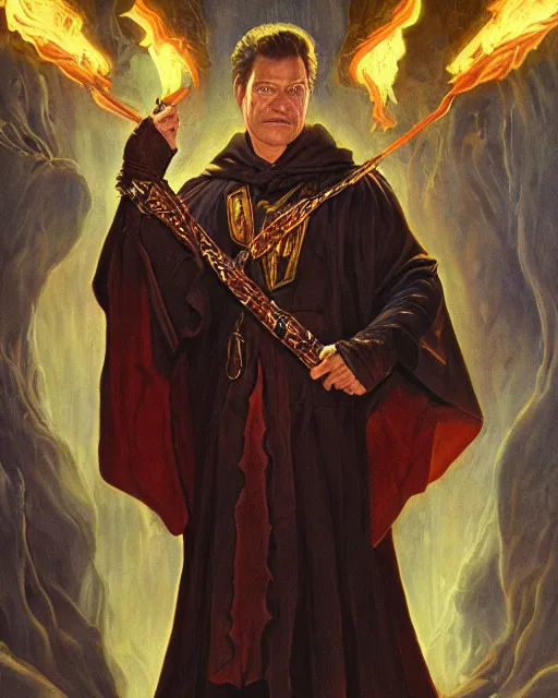 Image similar to portrait of Davis Hume as a powerful dungeons and dragons warlock, wearing dark robe, intricately detailed, realistic, oil painting, by jeff easley, boris vallejo, cinematic lighting