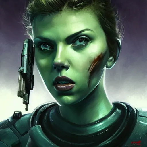 Image similar to doomguy played by scarlett johansson, face portrait, hd shot, digital portrait, elegant, beautiful, fantasy art, artstation, comic style, by artgerm, guy denning, jakub rozalski, magali villeneuve and charlie bowater