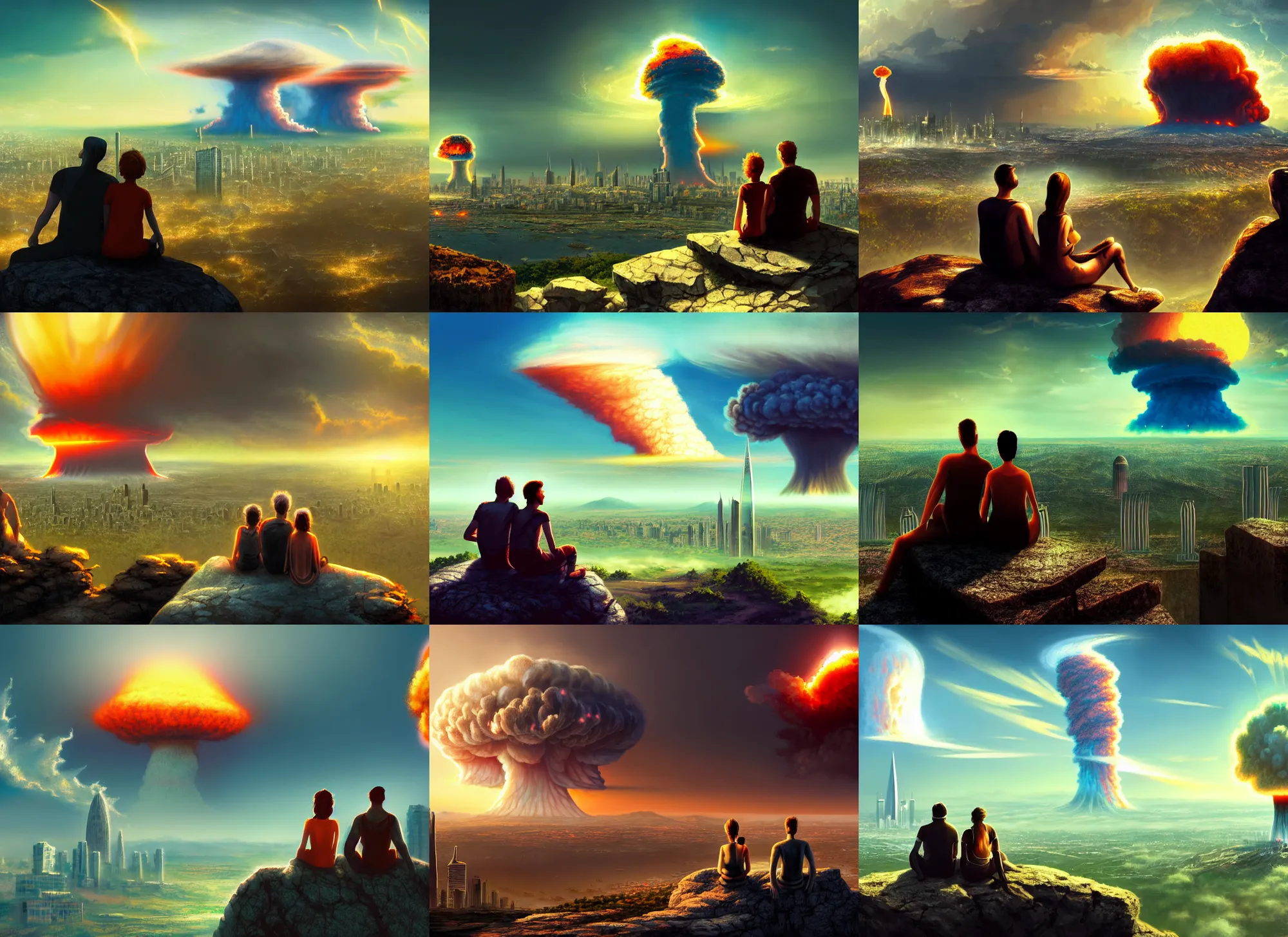 Prompt: a couple sitting on top of a rock covered serene hillside watching a bright nuclear explosion nuclear explosion in a city with skyscrapers, a detailed matte painting, apocalyptic art, sharp focus, cgsociety, fantasy art, cinematic, artstation hq, vfxfriday, dystopian art