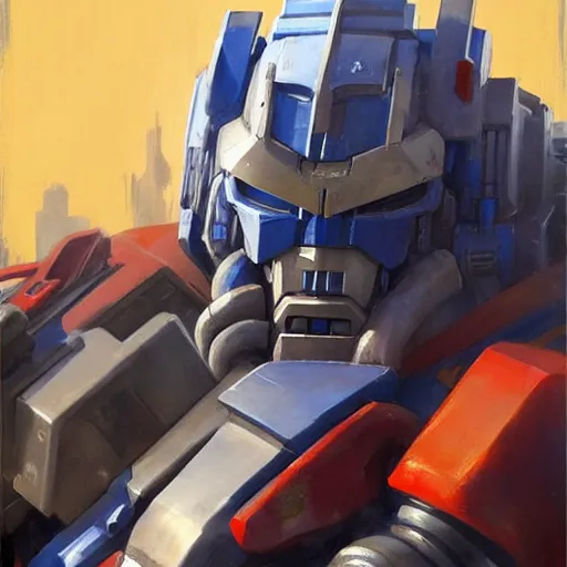 Image similar to greg manchess portrait painting of optimus prime as overwatch character, medium shot, asymmetrical, profile picture, organic painting, sunny day, matte painting, bold shapes, hard edges, street art, trending on artstation, by huang guangjian and gil elvgren and sachin teng