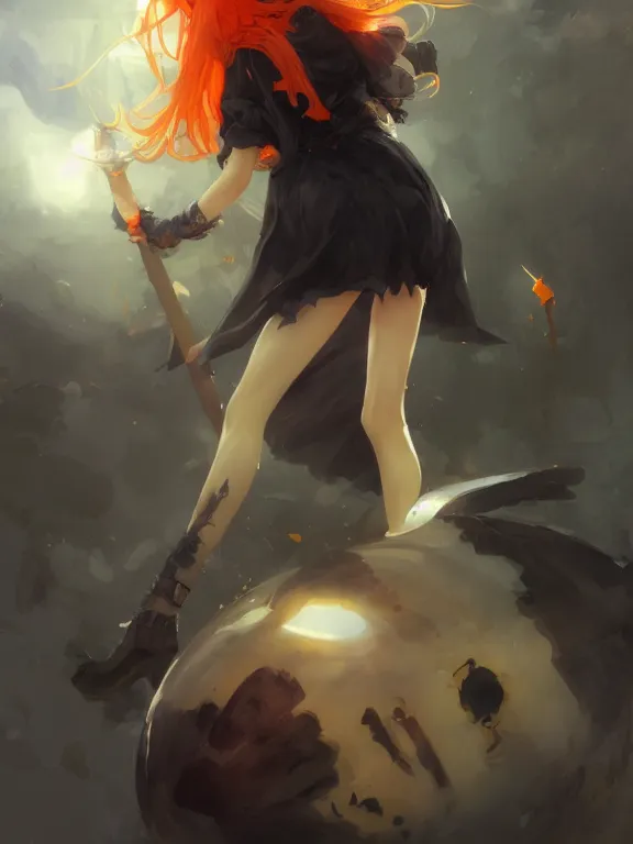 Image similar to Full shot of a cute mischievous young witch about to get up to some trouble. Black and Orange palette. By Ruan Jia and Artgerm and Range Murata and WLOP and CLAMP. Key Art. Fantasy Illustration. award winning, Artstation, intricate details, realistic, Hyperdetailed, 8k resolution.