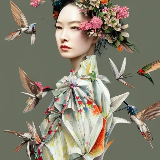 Image similar to 3 / 4 view of a beautiful girl wearing an origami dress, eye - level medium shot, fine floral ornaments in cloth and hair, hummingbirds, elegant, by eiko ishioka, givenchy, tran nguyen, by peter mohrbacher, centered, fresh colors, origami, fashion, detailed illustration, vogue, high depth of field, japanese, reallusion character creator