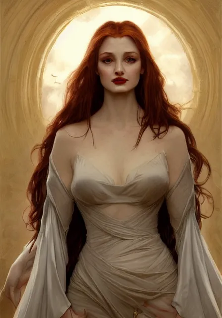 Prompt: sansa angeline jolie gessica chastain vampire teeth white skin, intricate, elegant, highly detailed, digital painting, artstation, concept art, smooth, sharp focus, illustration, art by artgerm and greg rutkowski and alphonse mucha and william - adolphe bouguereau