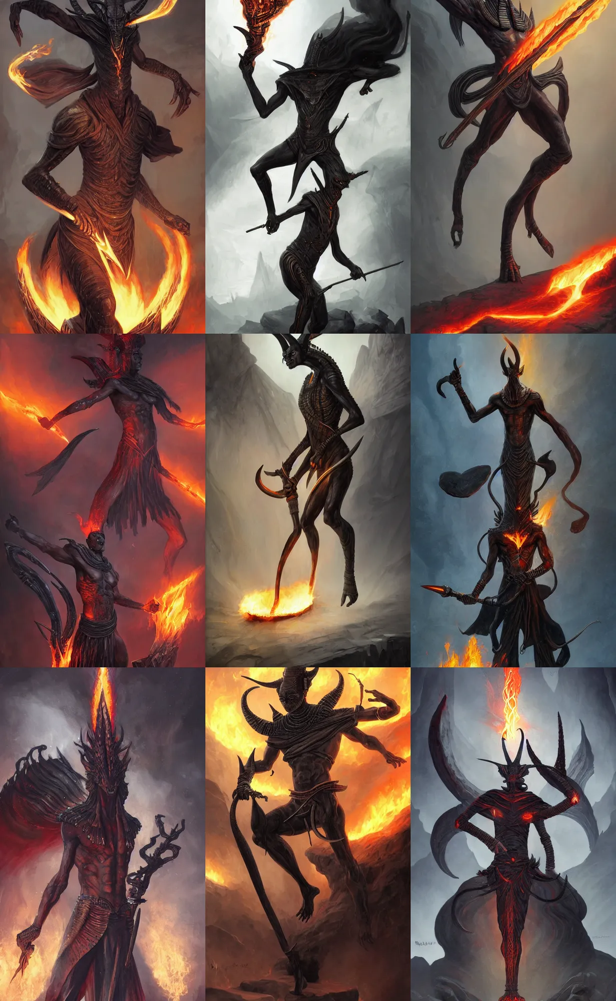 Prompt: black skinny corpse egyptian god with horns holding flaming sword, full body shot, lava, moody, dark, highly detailed, digital painting, artstation, concept art, sharp focus, illustration, art by aleksi briclot and mohrbacher and raphael lacoste and magali villeneuve